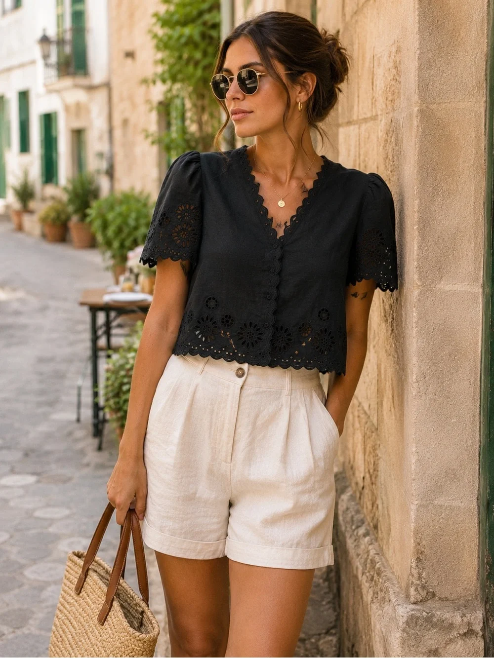 Elie Tahari Linen Blend Black Eyelet Scalloped Button-Front Blouse Size S - Picture 1 of 9